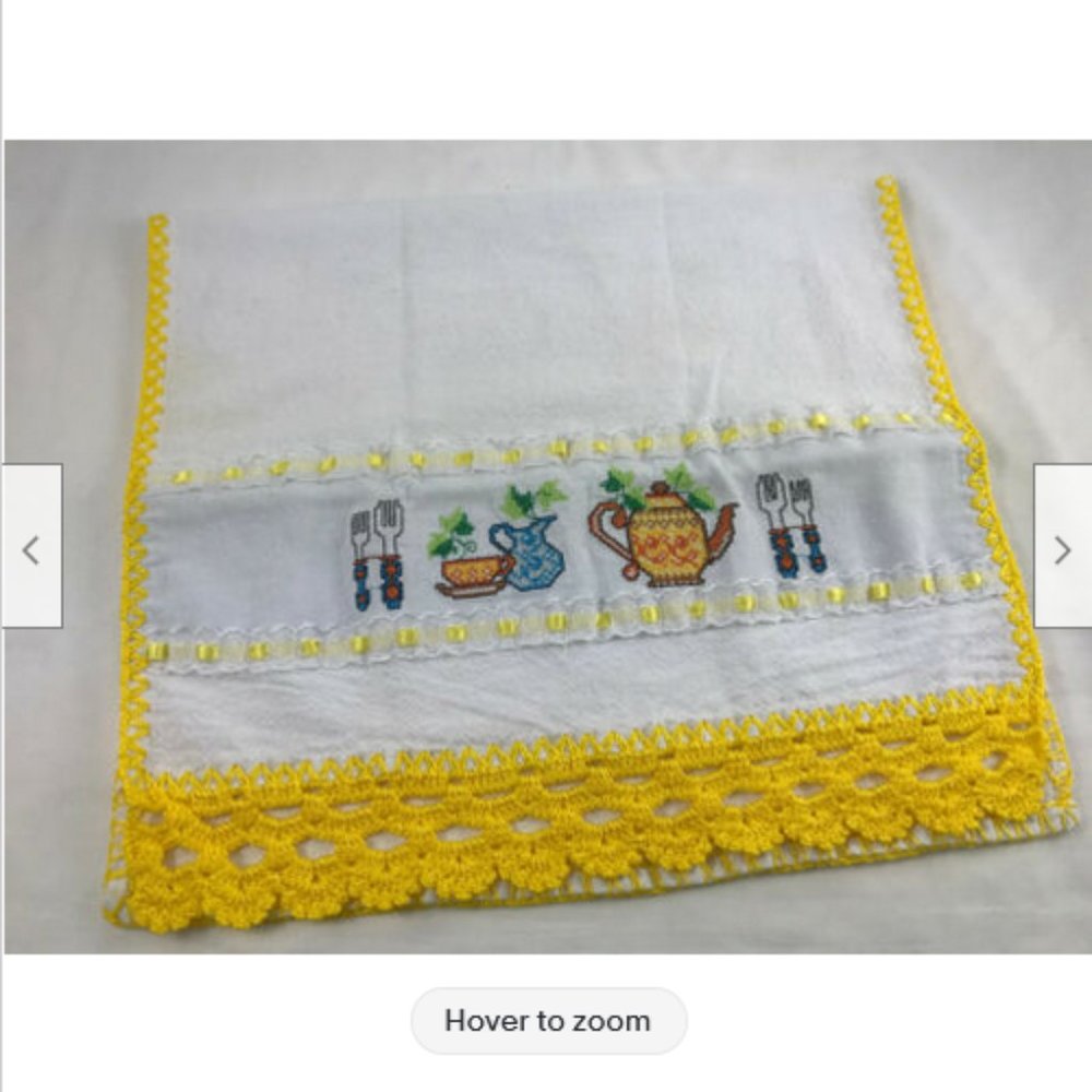 Hand Made Embroidered Cross Stitched Tea Time Kitchen Towel with Crochet Trim
